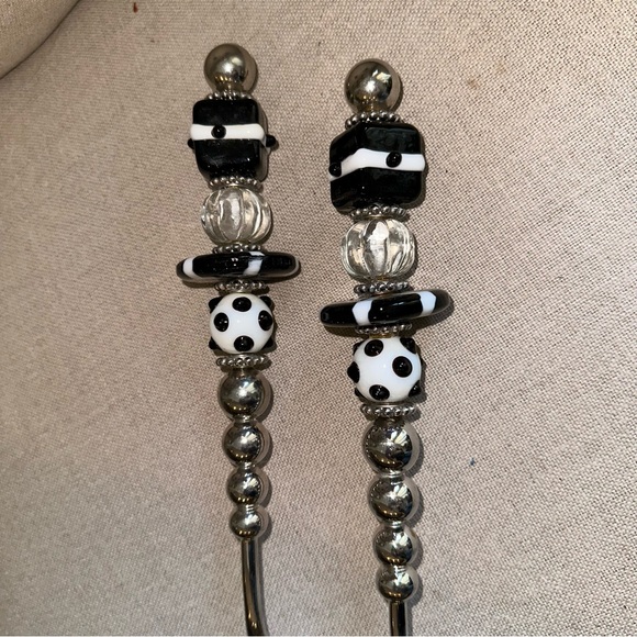 Mud Pie Serving Set Salad Utensils Metal Spoon Fork Art Glass Bead Handle MCM LG - Picture 6 of 13